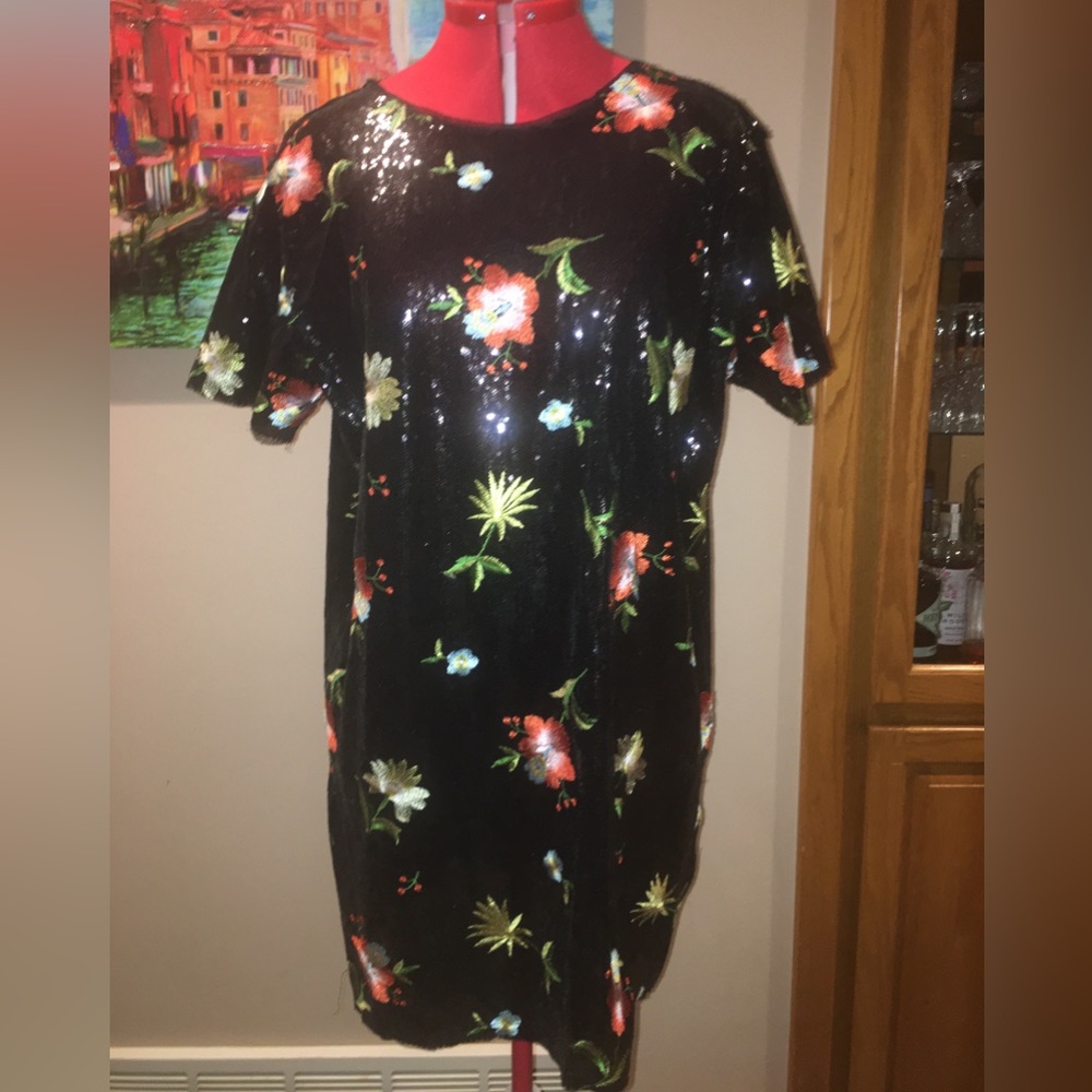 ZARA Black Sequins Mini Embroidered Floral Dress - Size Large